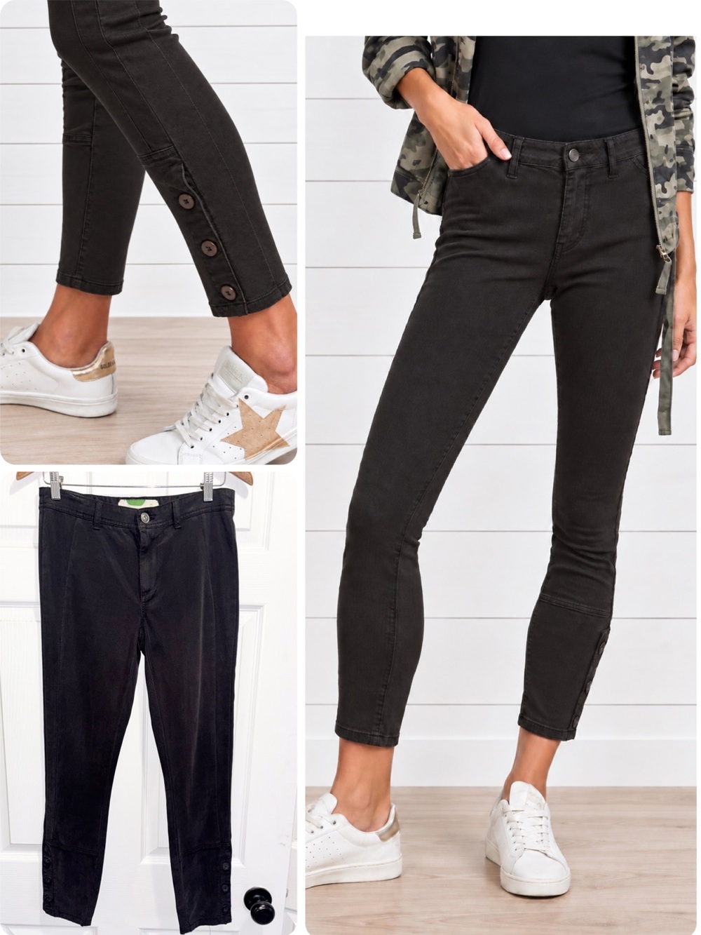 ANTHROPOLOGIE Micro Ribbed Cropped Utility Pants Black Button Details Size 27